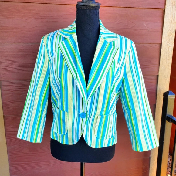 George Women’s Size 12 Turquoise White & Green Striped Long Sleeved Blazer - Picture 1 of 12